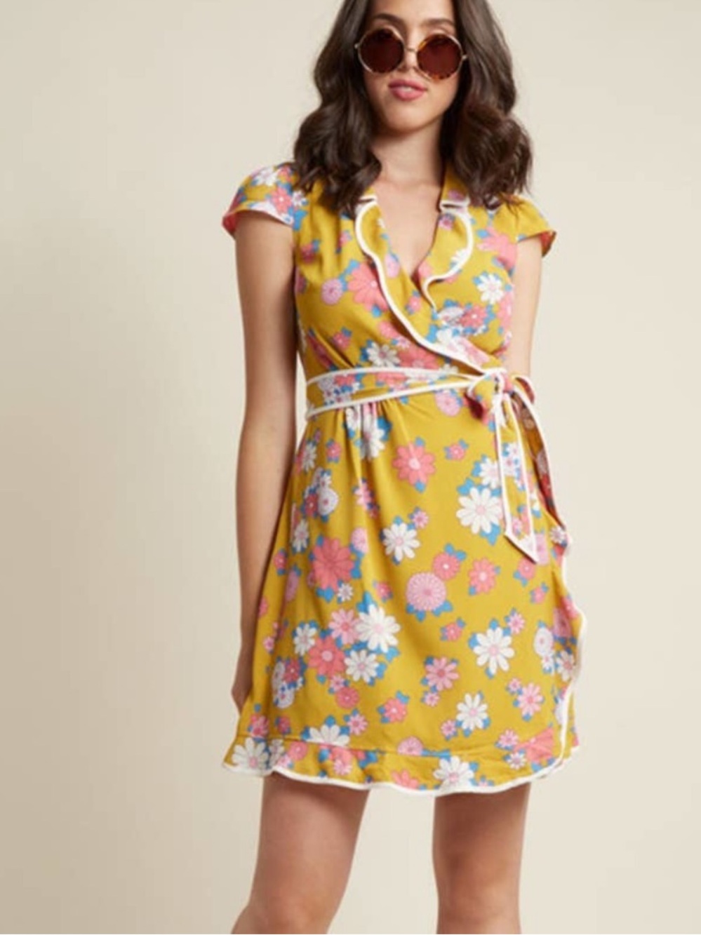ModCloth Daytime Dapper Dandelion Mustard Yellow Floral Wrap Cap Sleeve Dress 4X